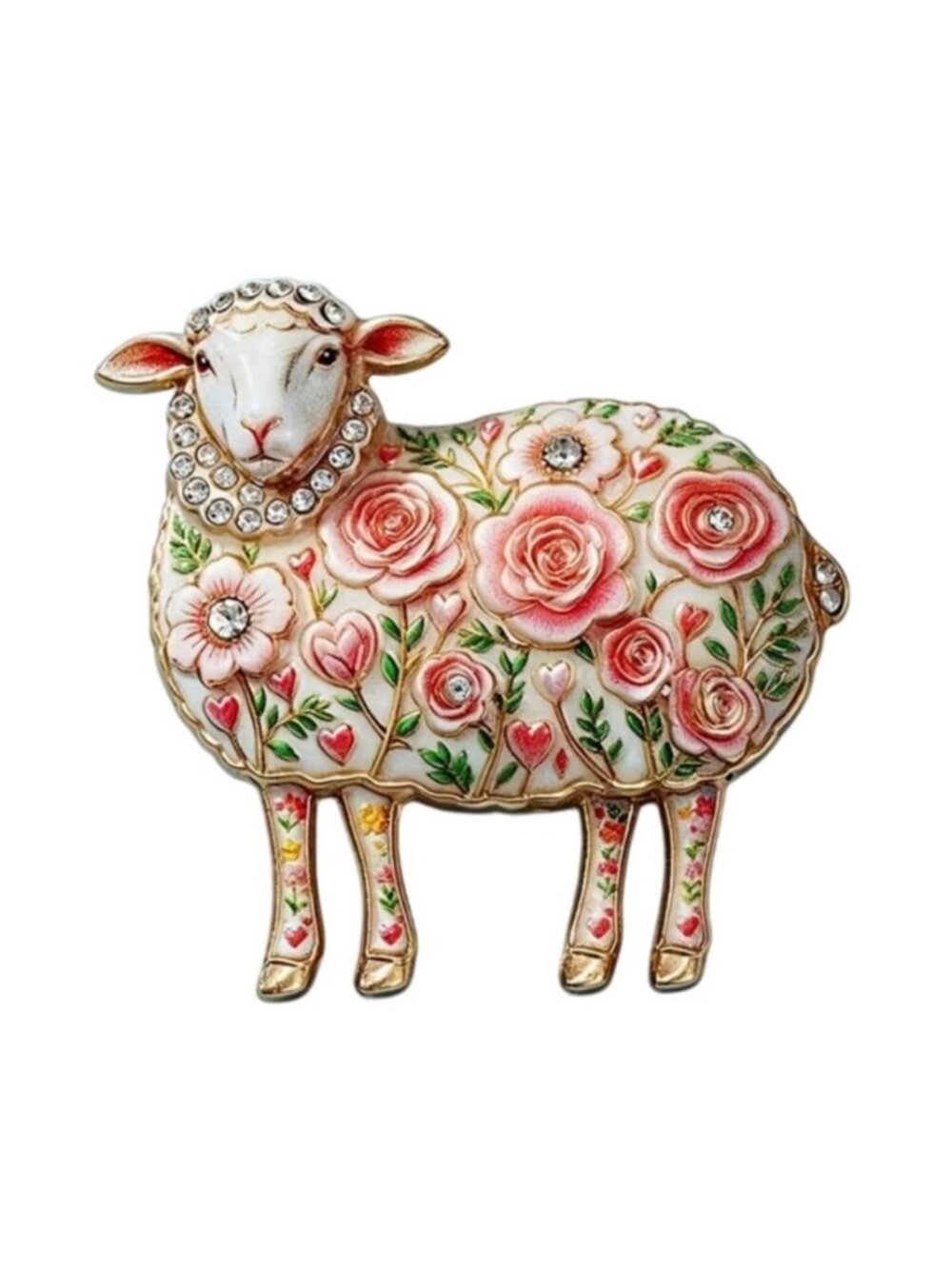 Pink Floral Rose Sheep Enamel Brooch With Rhinestones 1